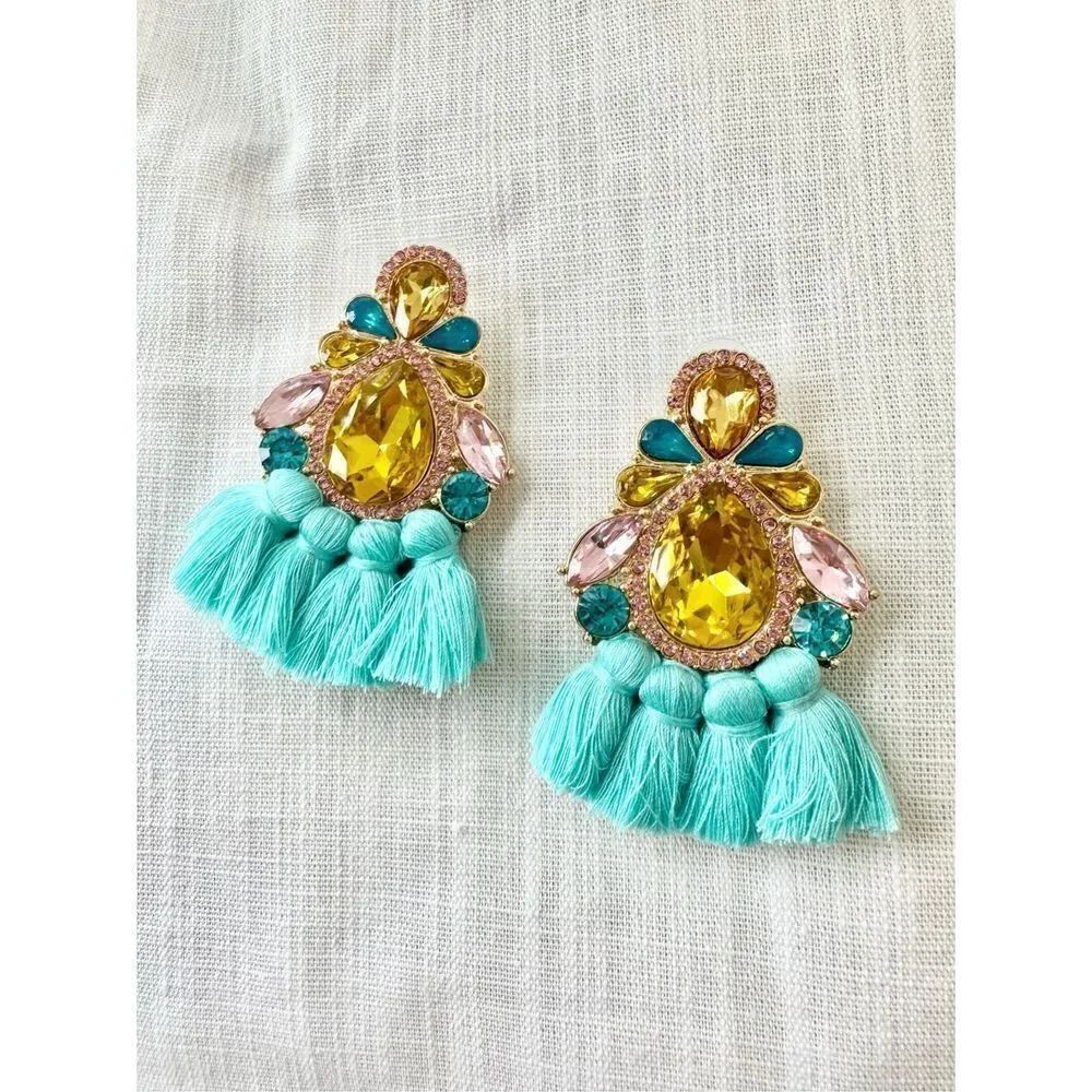 Canary blue & pink boho tassel rhinestone statement earrings